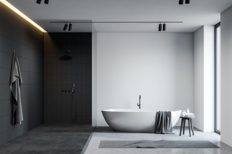 White and black bathroom with tub and shower